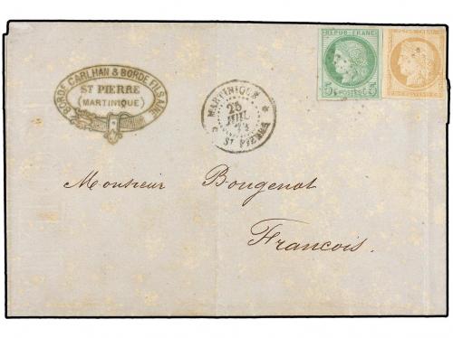 ✉ MARTINICA. 1873. ST. PIERRE a FRANCOIS. 5 cts. verde y 15 