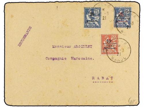 ✉ MARRUECOS FRANCES. Yv. 32a, 42 y 44. 1921. RABAT. 25 cts. 