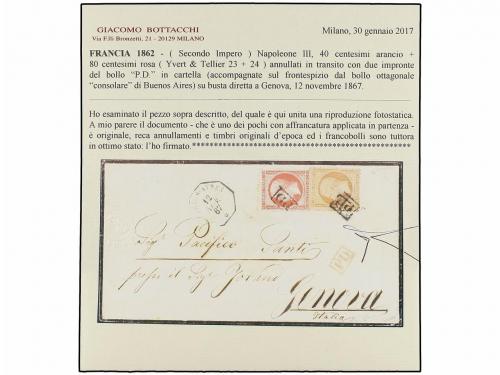 ✉ ARGENTINA. 1867. BUENOS AIRES a GÉNOVA. Circulada con sell