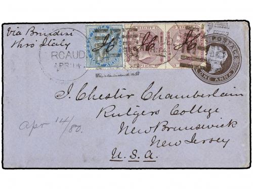 ✉ INDIA INGLESA. 1880. MADRAS to U.S.A. 1 anna Postal Statio