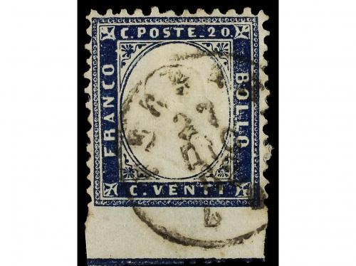 ° ITALIA. Sa. 2l. 1862. 20 cts. azul, borde de hoja con la l