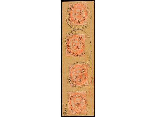 Δ ITALIA. Sa. 43 (4). 2 liras naranja. Cuatro sellos sobre p