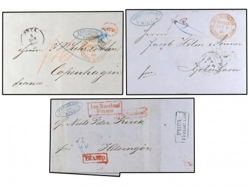 ✉ LETONIA. 1858-66. THREE letters sent to DENMARK with diver