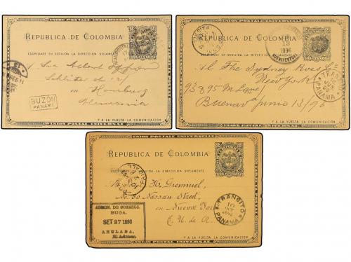✉ PANAMA. 1896-99. Tres tarjetas de Colombia circuladas al e