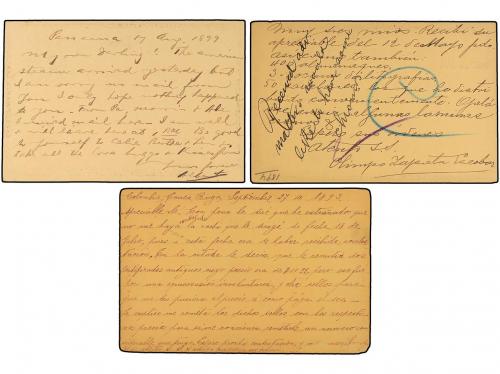 ✉ PANAMA. 1896-99. Tres tarjetas de Colombia circuladas al e