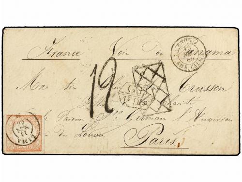 ✉ PERU. Sc. 12. 1865. LIMA a PARÍS. 1 dinero rojo, mat. de L