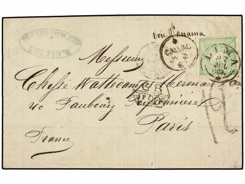 ✉ PERU. 1869. LIMA a PARÍS. 1 dinero verde, mat. LIMA/* circ