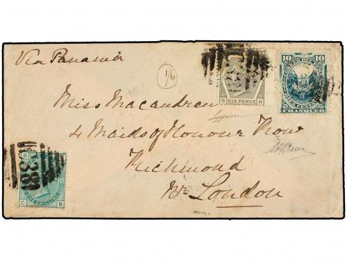 ✉ PERU. 1877. CALLAO a LONDRES. Circulada con sello de 10 ct