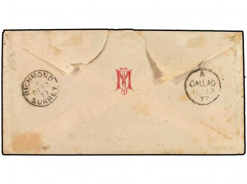 ✉ PERU. 1877. CALLAO a LONDRES. Circulada con sello de 10 ct