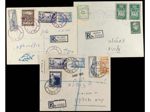 ✉ ISRAEL. 1948. PRECURSORES. Tres cartas, diferentes franque