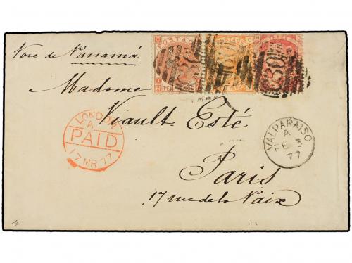 ✉ CHILE. 1877. VALPARAÍSO a PARÍS. Sobre circulado con sello