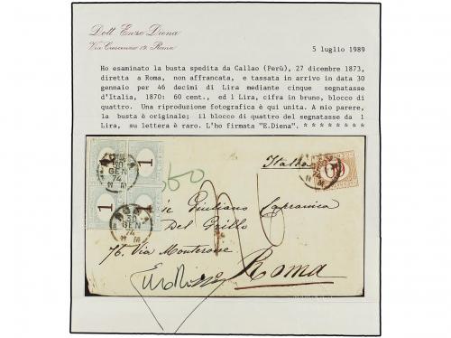 ✉ PERU. 1873. CALLAO a ROMA. Circulado sin sellos tasada a l