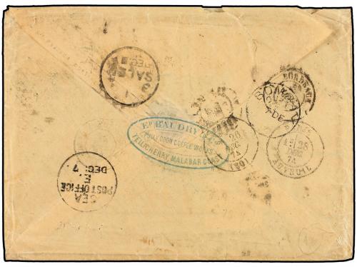 ✉ INDIA INGLESA. 1874. Cover from TELLICHERRY (Malabar Coast