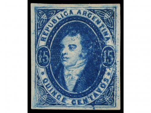 (*) ARGENTINA. Sc. 16. 1867. 15 ctvos. azul sin filigrana. C