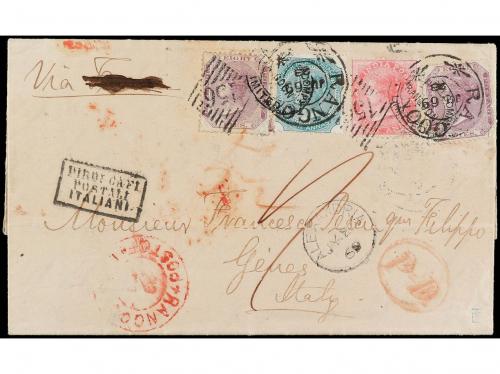 ✉ BIRMANIA. 1869. RANGOON a GÉNOVA (Italia). Carta completa 
