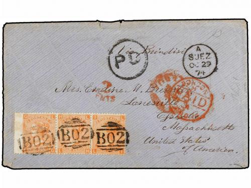✉ EGIPTO. 1874. SUEZ to U.S.A. Envelope franked with GB stri