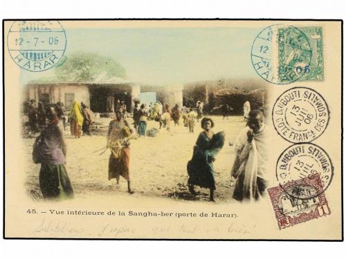 ✉ ETIOPIA. 1906. HARAR a FRANCIA. Tarjeta Postal con sello d