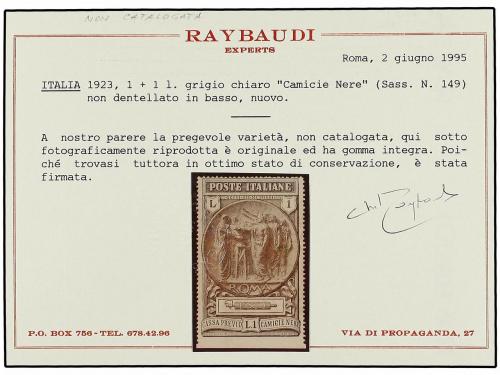 ** ITALIA. Sa. 149. 1923. 1 Lira gris SIN DENTAR MARGEN INFE