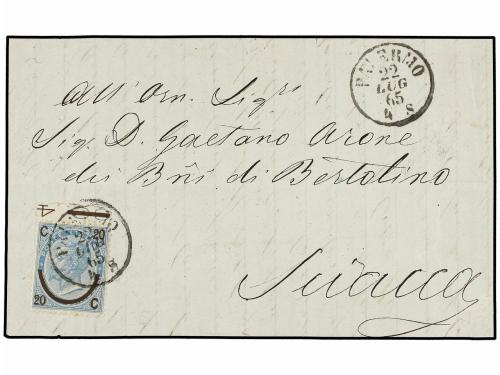 ✉ ITALIA. Ed. 25. 1865. FRONTAL. PALERMO a SUACCA. 20 cts. s