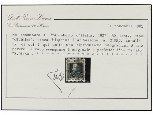 ° ITALIA. Ed. 218a. 1927. 50 cts. castaño y gris SIN FILIGRA