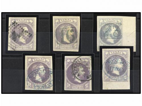 ° ESPAÑA. Ed. 158. 1 real violeta. Seis sellos con diversos