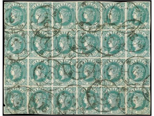 ° ESPAÑA. Ed. 62 (24). 2 reales verde. Bloque de 24 sellos. 