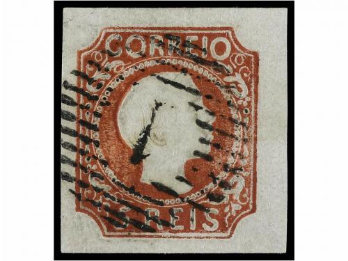 ° PORTUGAL. Mu. 5. 1855. 5 reis castaño rojo. Muy bonito eje