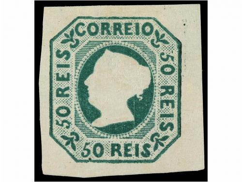 (*) PORTUGAL. Mu. 3. 1853. 50 reis verde, sin goma. Amplios 