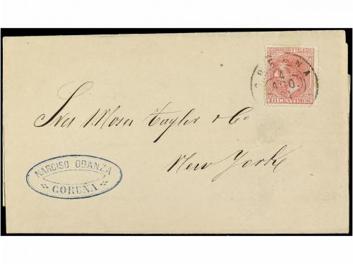 ✉ ESPAÑA. Ed. 202. 1884. LA CORUÑA a NEW YORK. 10 cts. rosa.