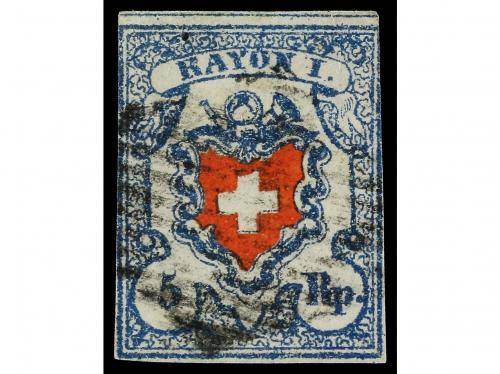° SUIZA. Yv. 21. 1851. RAYON I. 5 Rp. azul y rojo, con CRUZ 