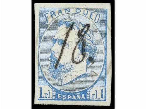 ° ESPAÑA. Ed. 156. 1 real azul, mat. fechador y "18" manuscr