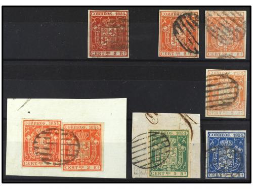 ° Δ ESPAÑA. Ed. 25 (6), 26, 27. 2 reales rojo, cuatro sellos