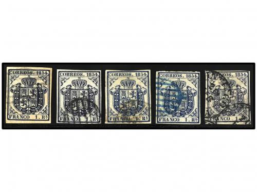 ° ESPAÑA. Ed. 34 (5). 1 real azul, tres sellos con mat. parr