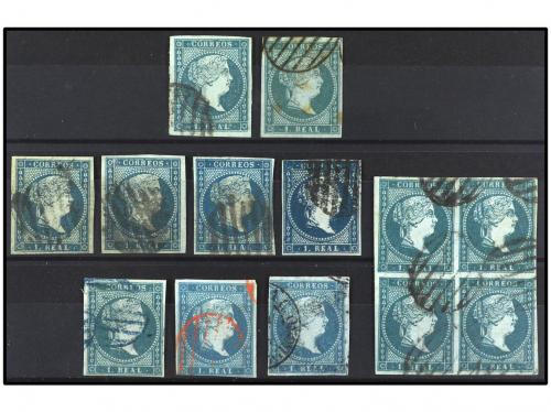 ° ESPAÑA. Ed. 41, 42. 1 real azul, nueve sellos y un bloque 