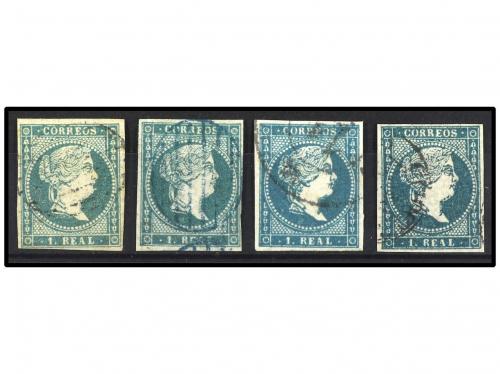 ° ESPAÑA. Ed. 45 (4). 1 real azul verde. Cuatro sellos diver