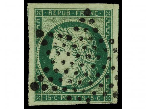 ° FRANCIA. Yv. 2. 1850. 15 céntimos verde. Grandes márgenes.
