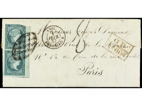 ✉ CUBA. Ant. 1 (2). 1857. HABANA a PARÍS. 1/2 real azul, par