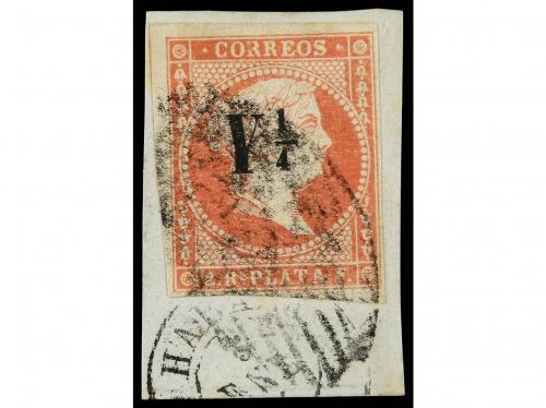 Δ CUBA. Ed. 10. Y 1/4 s. reales rojo sobre pequeño fragmento