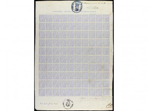 Δ CUBA. Ant. 22. 1871. HOJA MUESTRA de 100 sellos de 25 cts.