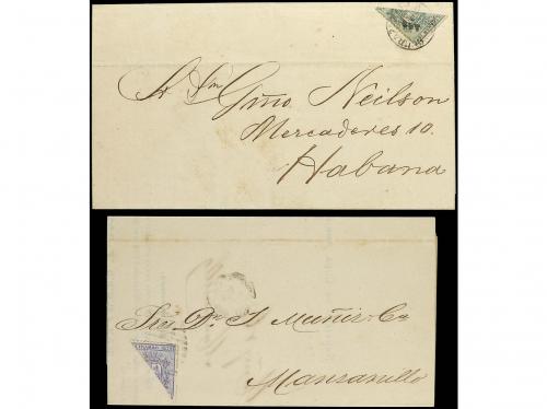✉ CUBA. Ed. 32, 33. 1875. Dos cartas con sellos bisectados d