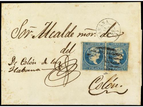 ✉ CUBA. Ant. 7F. 1860. HABANA a COLÓN. 1/2 real azul pareja 