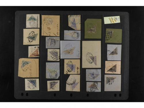 ° ✉ CUBA. 1866-80. Conjunto de sellos bisectados sobre fragm