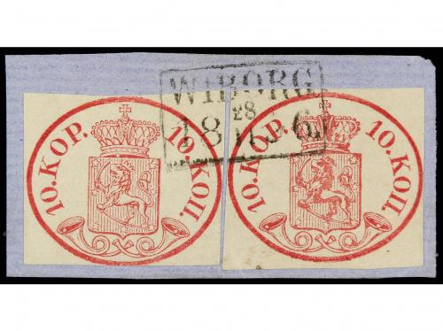 Δ FINLANDIA. Yv. 2 (2). 1856. 10 kr. rosa, dos sellos sobre 