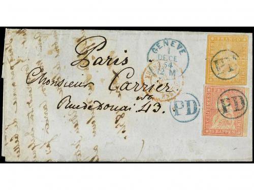 ✉ SUIZA. Yv. 28, 29. 1854. GINEBRA a PARÍS. 15 rp. rosa y 20