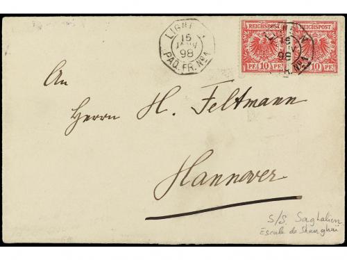 ✉ CHINA. 1898. SHANGHAI a ALEMANIA. Circulada con sellos ale