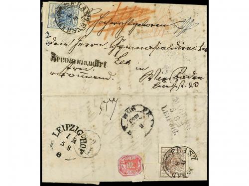✉ AUSTRIA. 1858. FRANZENSBAD a ALEMANIA. 6 k. castaño y 9 kr