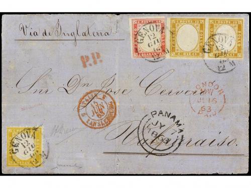 ✉ ITALIA. Sa. 4 + cer. 14 (2), 16. 1863. GÉNOVA a VALPARAISO