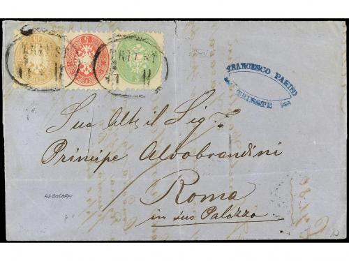 ✉ AUSTRIA. 1865. TRIESTE a ROMA. 3 kr. verde, 5 kr. azul y 1