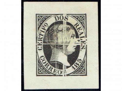 ESPAÑA. Ed. 8. 1851. 2 reales negro, PRUEBA DE PUNZÓN LIMADO