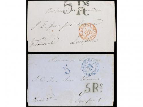 ✉ CUBA. 1842-51. Dos cartas circuladas a ESPAÑA con fechador